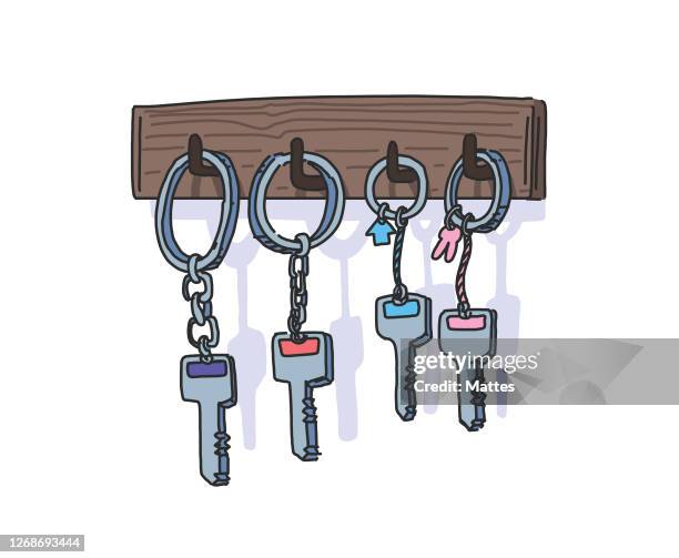 family with two children represented by their home keys in a casual setting. everyday life and conceptual representation of a family. - key fob stock illustrations