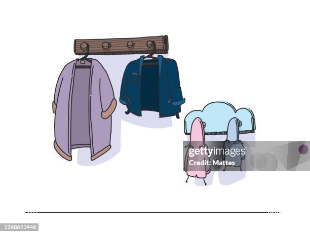 family with two children represented by their coat hanging in the entranceway in a casual setting. everyday life and conceptual representation of a family. - coat hanging stock illustrations