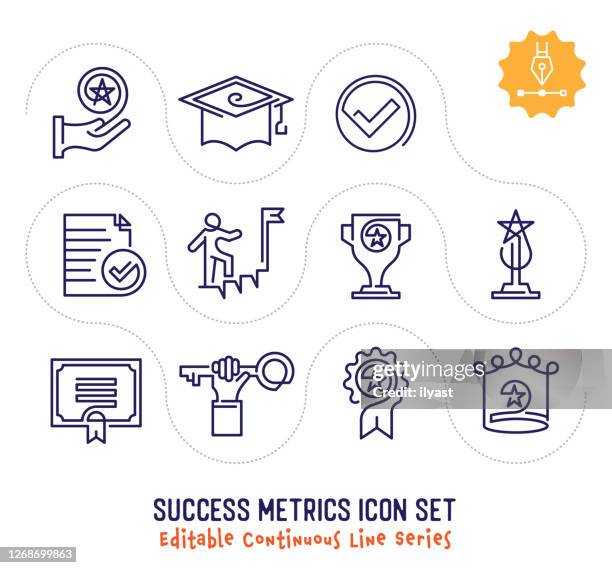 success metrics editable continuous line icon pack - continuous line drawing stock illustrations