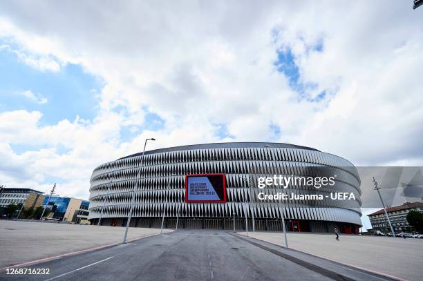 General view outside the stadium prior to the UEFA Women's Champions League Semi Final between Paris Saint-Germain and Olympique Lyonnais at San...