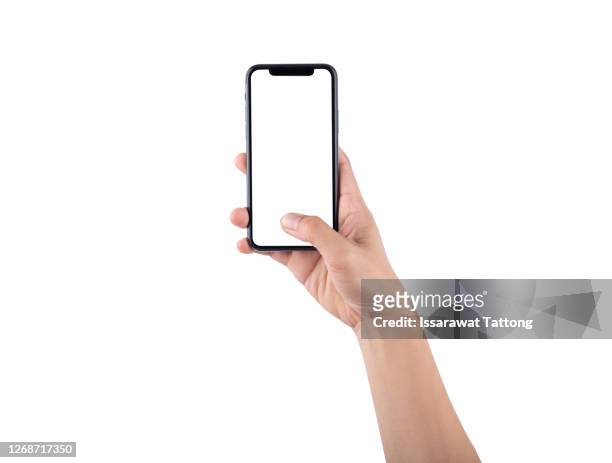 smartphone mockup. new frameless smartphone mockup with white screen. isolated on white background. based on high-quality studio shot. smartphone frameless design concept. - hand stock pictures, royalty-free photos & images