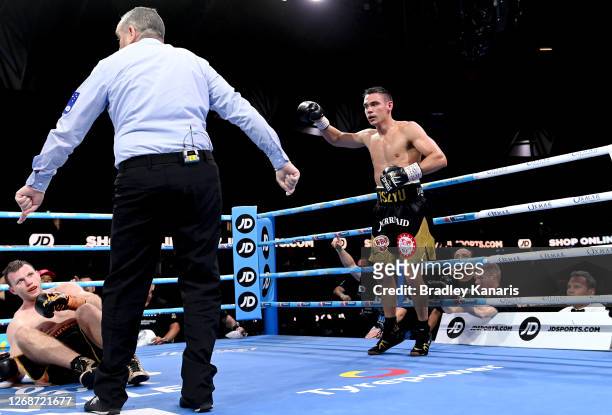 Tim Tszyu knocks down Jeff Horn during the WBO Global & IBF Australasian Super Welterweight title bout at QCB Stadium on August 26, 2020 in...
