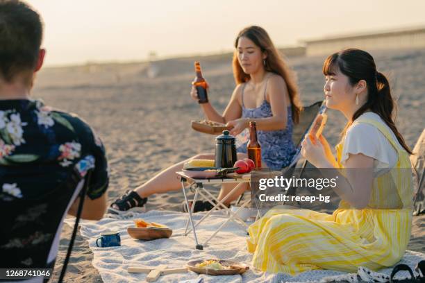 grupo de amigos que tienen barbacoa en la playa y disfrutan hablando entre sí - beach barbeque fotografías e imágenes de stock