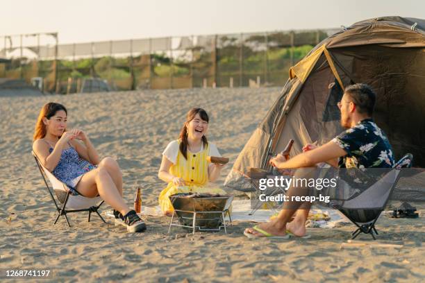 grupo de amigos que tienen barbacoa en la playa y disfrutan hablando entre sí - beach barbeque fotografías e imágenes de stock