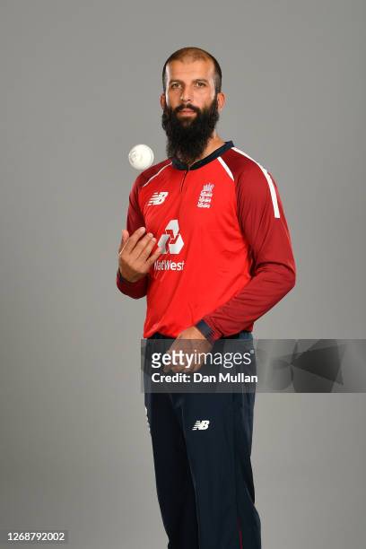 Moeen Ali of England poses during the England Squad Portrait Session at Emirates Old Trafford on August 26, 2020 in Manchester, England.