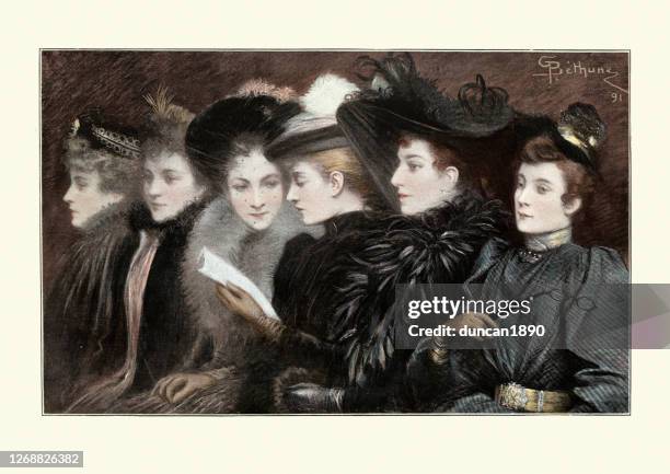 ilustraciones, imágenes clip art, dibujos animados e iconos de stock de mujeres jóvenes en el concierto, victoriano siglo xix - estilo siglo xix