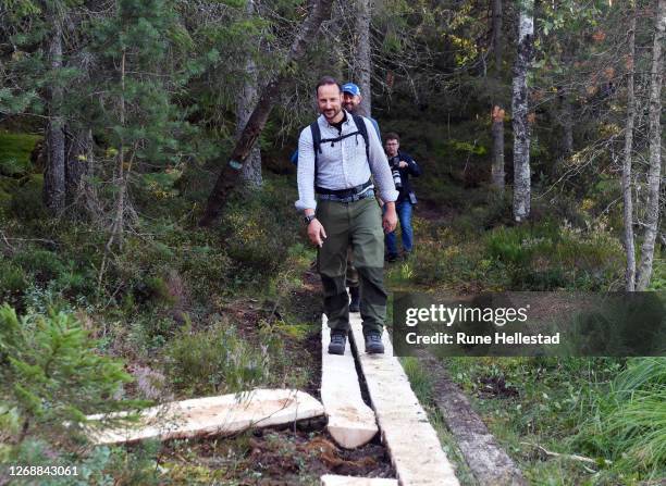 Crown Prince Haakon of Norway walks the Refugee Route towards Vangen ski cabin on August 26, 2020 in Oslo, Norway. .