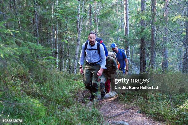 Crown Prince Haakon of Norway walks the Refugee Route towards Vangen ski cabin on August 26, 2020 in Oslo, Norway. .