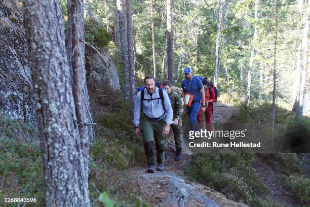 Crown Prince Haakon of Norway walks the Refugee Route towards Vangen ski cabin on August 26, 2020 in Oslo, Norway. .