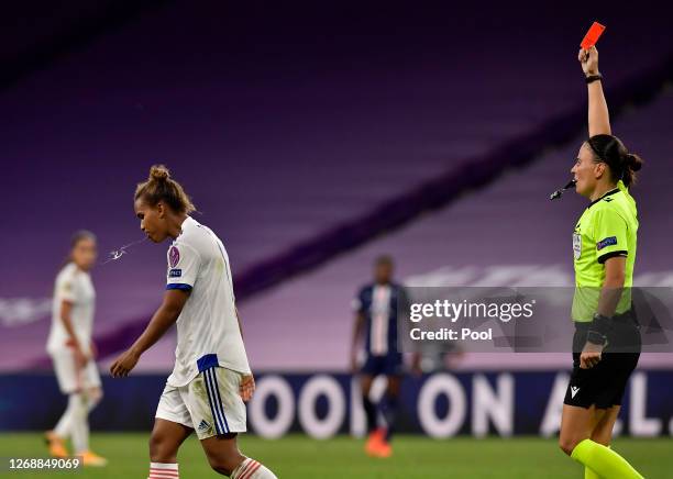 Nikita Parris of Olympique Lyonnais is shown a red card by referee Anastasia Pustovoitova during the UEFA Women's Champions League Semi Final between...