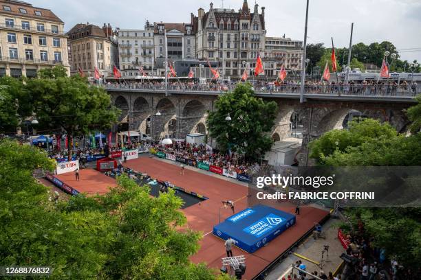 Belgium's Nafissatou Thiam competes in the Women's High Jump city event during the IAAF Diamond League "Athletissima" athletics meeting in Lausanne,...