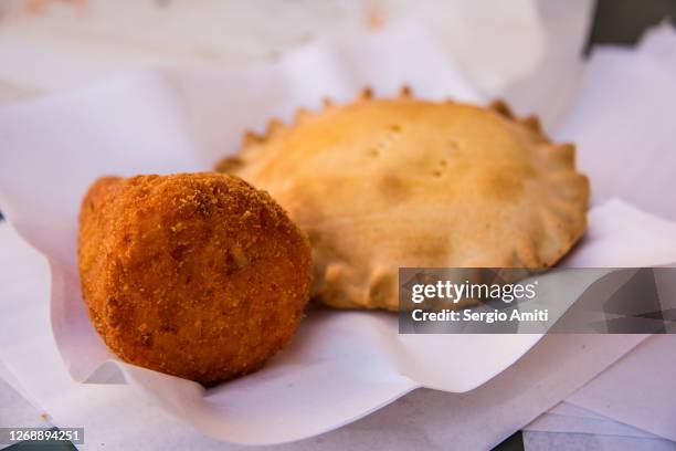 sicilian arancina and aubergine savoury pie - modica sicily stock pictures, royalty-free photos & images