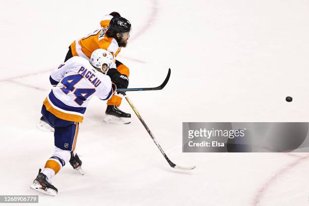 Jean-Gabriel Pageau of the New York Islanders scores the game-tying goal against the Philadelphia Flyers during the third period in Game Two of the...