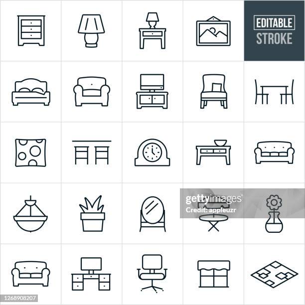 wohnmöbel und dekor dünne linie icons - editierbare strich - chandelier icon stock-grafiken, -clipart, -cartoons und -symbole