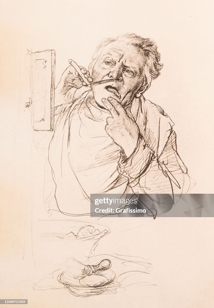 Old man shaving with knife illustration
