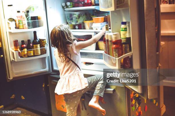 child climbs into the family refrigerator - funny fridge stock pictures, royalty-free photos & images