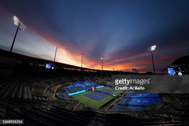 Milos Ranic of Canada serves against Filip Kranjinovic of Serbia during the Western & Southern Open at the USTA Billie Jean King National Tennis...