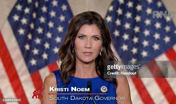 In this screenshot from the RNC’s livestream of the 2020 Republican National Convention, South Dakota Gov. Kristi Noem addresses the virtual...