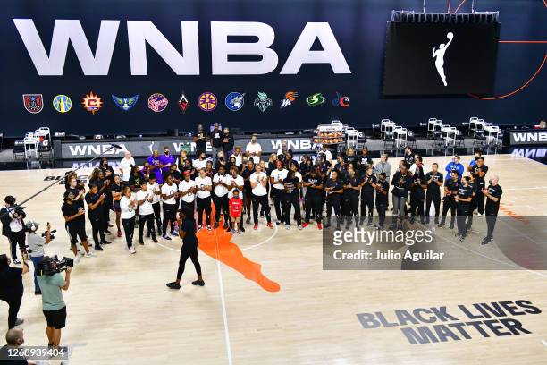 Nneka Ogwumike, president of the The Women’s National Basketball Players Association, addresses players from the Atlanta Dream, Washington Mystics,...