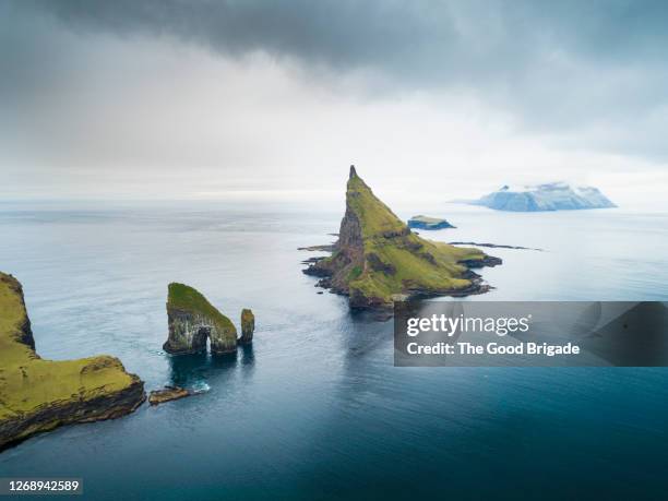 aerial view, drangarnir, faroe islands - faroe islands stock pictures, royalty-free photos & images