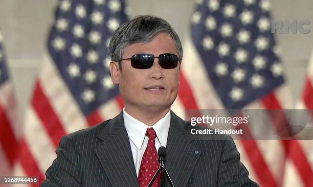 In this screenshot from the RNC’s livestream of the 2020 Republican National Convention, Chinese human rights activist Chen Guangcheng addresses the...