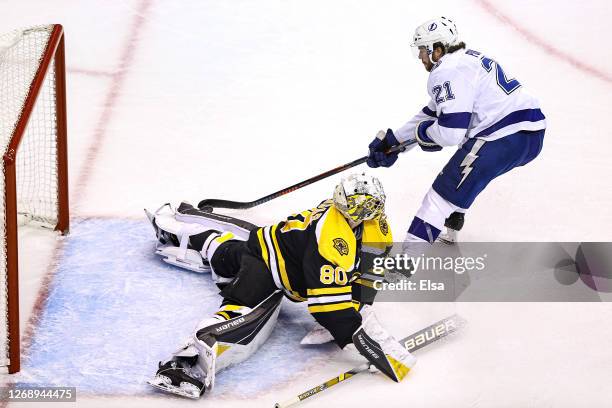 Brayden Point of the Tampa Bay Lightning scores a breakaway goal past Dan Vladar of the Boston Bruins during the second period in Game Three of the...