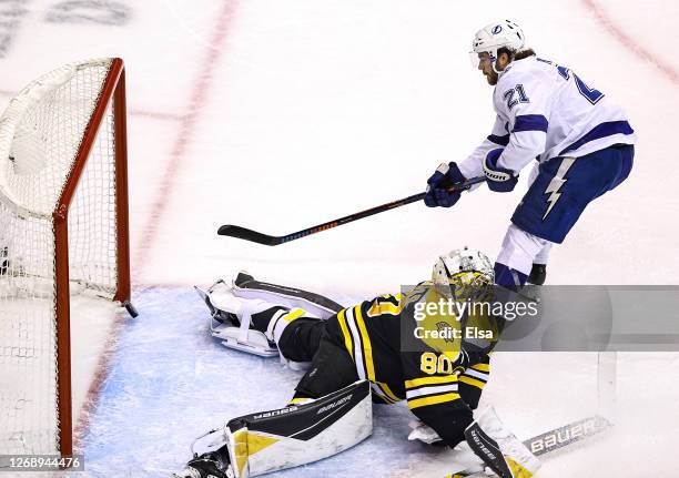 Brayden Point of the Tampa Bay Lightning scores a breakaway goal past Dan Vladar of the Boston Bruins during the second period in Game Three of the...
