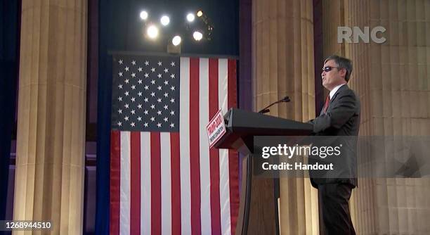 In this screenshot from the RNC’s livestream of the 2020 Republican National Convention, Chinese human rights activist Chen Guangcheng addresses the...
