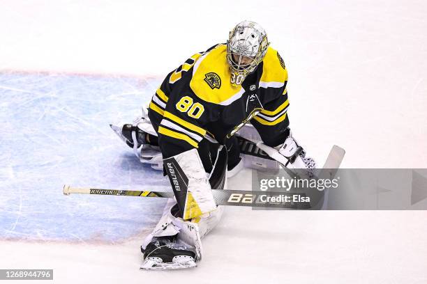 Dan Vladar of the Boston Bruins tends net against the Tampa Bay Lightning during the second period in Game Three of the Eastern Conference Second...