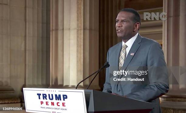 In this screenshot from the RNC’s livestream of the 2020 Republican National Convention, former NFL athlete and Utah congressional nominee Burgess...