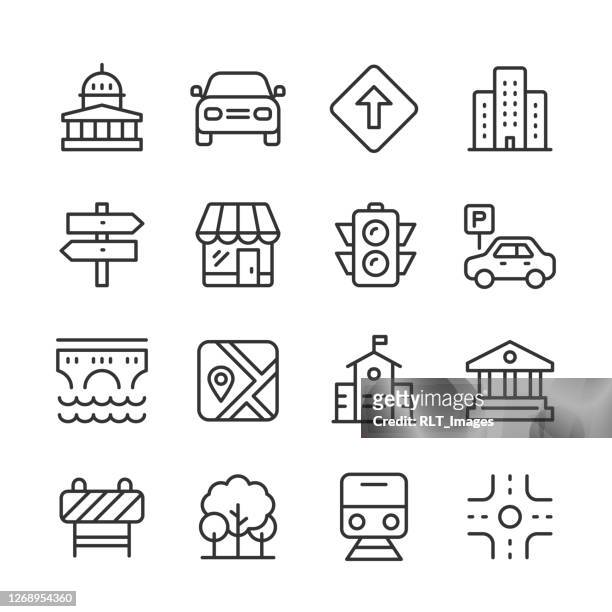 city icons — monoline-serie - wolkenkratzer stock-grafiken, -clipart, -cartoons und -symbole