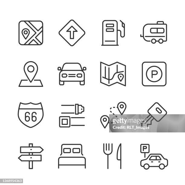 ilustraciones, imágenes clip art, dibujos animados e iconos de stock de iconos de viaje por carretera — serie monoline - aparcamiento