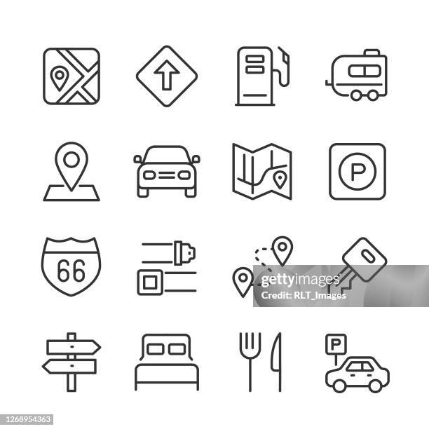 stockillustraties, clipart, cartoons en iconen met road trip iconen - monoline series - stappenplan