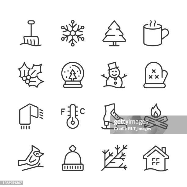 winter season icons — monoline serie - stechpalme stock-grafiken, -clipart, -cartoons und -symbole