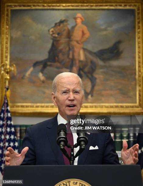 President Joe Biden speaks about the US Supreme Court's decision on affirmative action, in the Roosevelt Room of the White House in Washington, DC,...