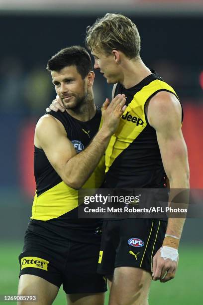 Trent Cotchin and Tom J. Lynch of the Tigers celebrates victory during the round 14 AFL match between the Richmond Tigers and the West Coast Eagles...