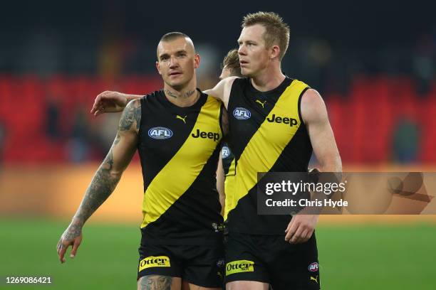 Dustin Martin and Jack Riewoldt of the Tigers celebrate after the Tigers defeated the Eagles during the round 14 AFL match between the Richmond...