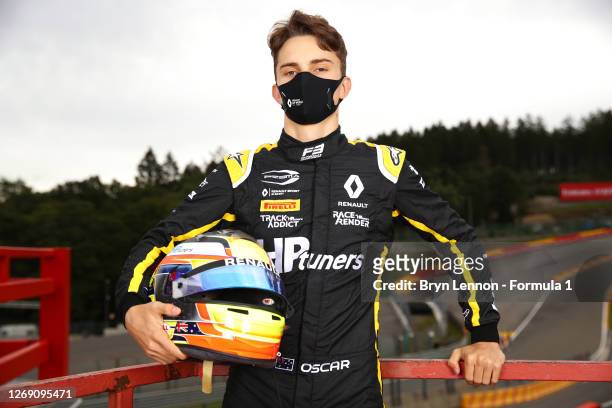 Race two winner in Barcelona, Oscar Piastri of Australia and Prema Racing poses for a photo during previews ahead of the Formula 3 Championship at...