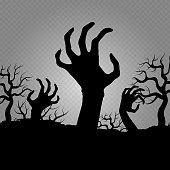 Zombi hands isolated on transparent background. Horror element for halloween party