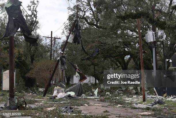 Street is seen strewn with debris and downed power lines after Hurricane Laura passed through the area on August 27, 2020 in Lake Charles, Louisiana...