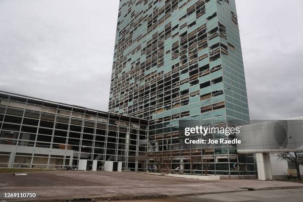 Capital One Tower is seen with its windows blown out in the downtown area after Hurricane Laura passed through on August 27, 2020 in Lake Charles,...