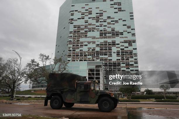 Capital One Tower is seen with its windows blown out in the downtown area after Hurricane Laura passed through on August 27, 2020 in Lake Charles,...