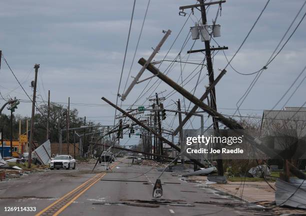 Street is seen strewn with debris and downed power lines after Hurricane Laura passed through the area on August 27, 2020 in Lake Charles, Louisiana...