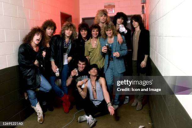 Stephen Pearcy, Warren DeMartini, Robbin Crosby, Juan Croucier and Bobby Blotzer, all members of RATT, with Jon Bon Jovi, Richi Sambora, Tico Torres,...