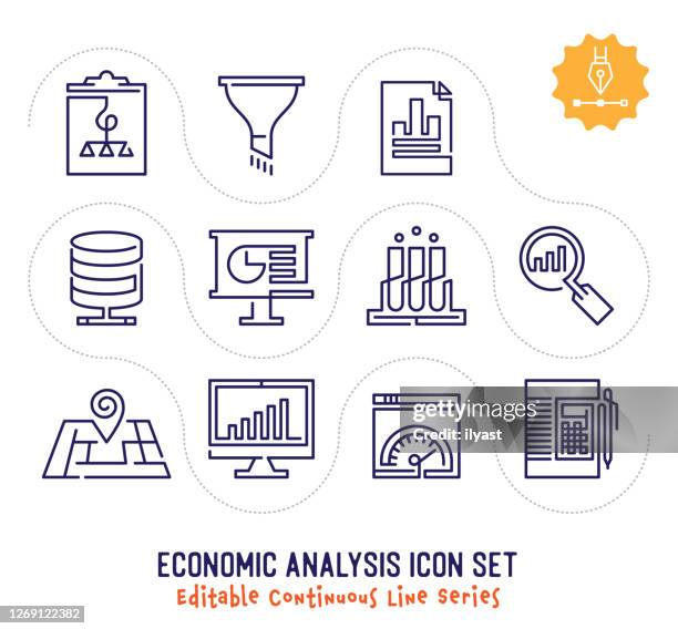 economic analysis editable continuous line icon pack - horizontal funnel infographic stock illustrations