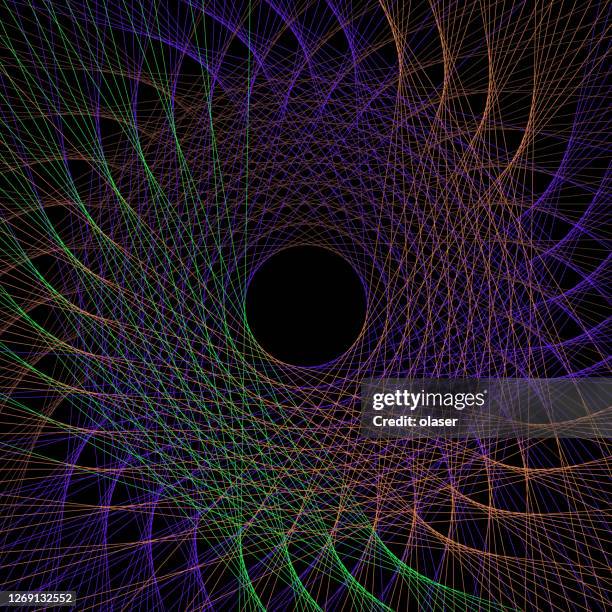 abstract multicolored lines rotating and touching black sphere, copy space in middle. - black cherry stock illustrations