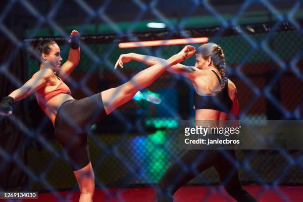 female mma fighters training. high kick. looking through net - mixed martial arts stock pictures, royalty-free photos & images