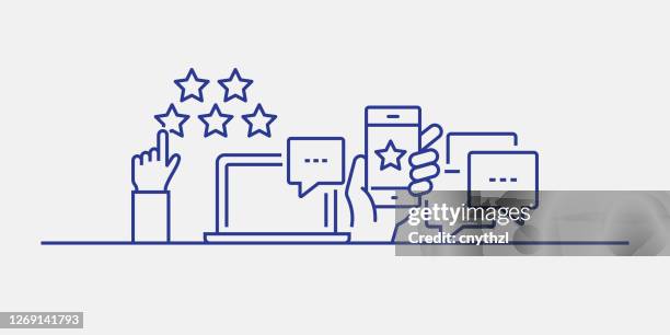 illustrazioni stock, clip art, cartoni animati e icone di tendenza di stile della linea di banner web correlato a feedback e testimonianze. illustrazione vettoriale di design lineare moderna per banner web, intestazione del sito web, ecc. - survey