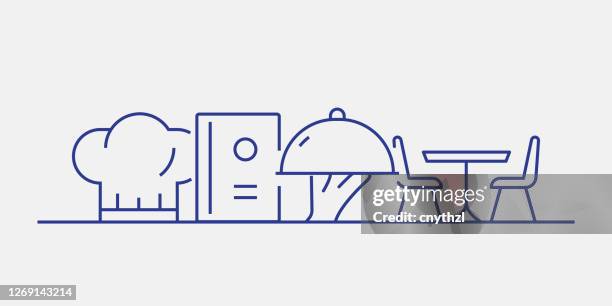 restaurant, food and drink related web banner line style. modern linear design vector illustration for web banner, website header etc. - empty professional kitchen stock illustrations