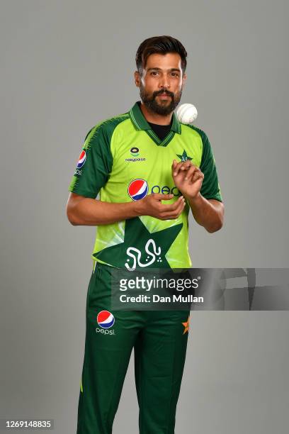 Mohammad Amir of Pakistan poses during the Pakistan Squad Portrait Session at Emirates Old Trafford on August 26, 2020 in Manchester, England.
